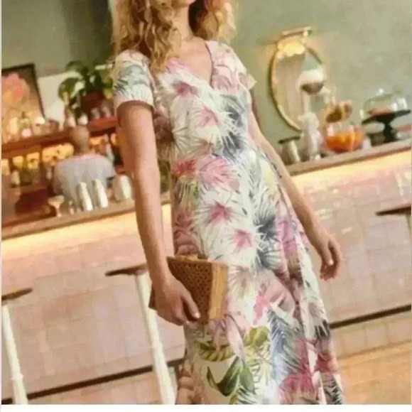 Marine Layer Emlyn Floral Wrap Midi Dress in tropical palm leaf print sz small - Picture 2 of 9